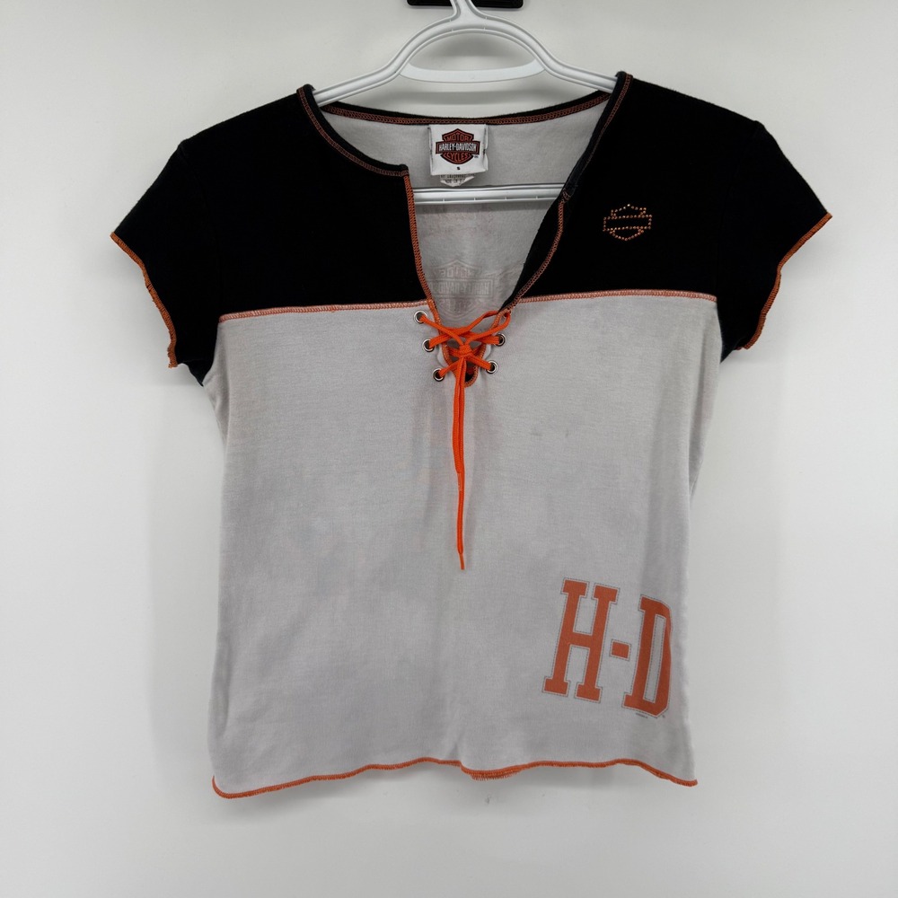 Vintage Y2K Bikercore Harley Davidson Lace Up Baby Tee White Black Orange Small